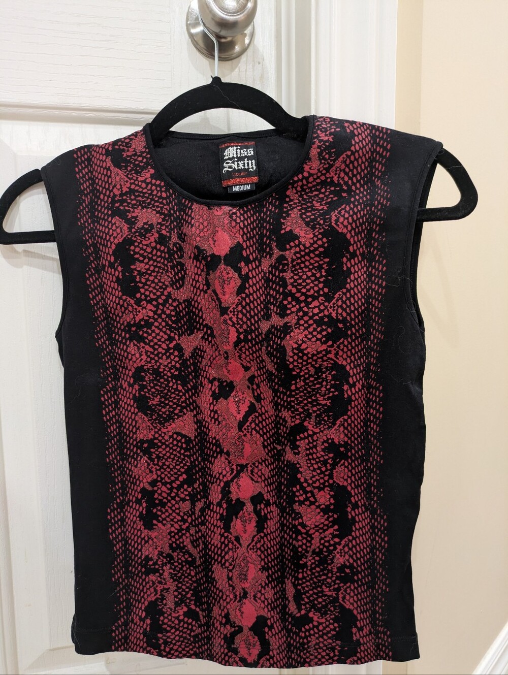 Y2K Vintage Miss Sixty Red & Black Snakeskin Mesh Tank Top - Size Medium